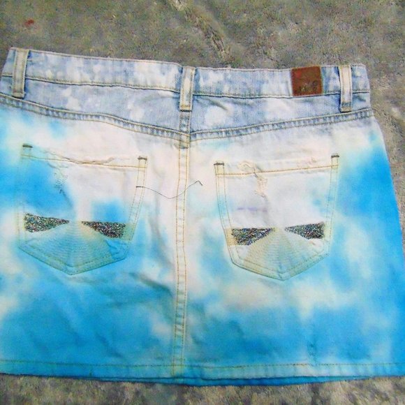 Hand Dyed Peeping Kittens Denim Mini Skirt - Picture 3 of 6